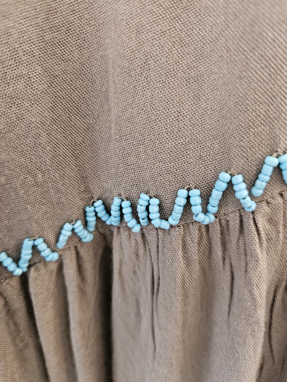 Boho Embroidered Taupe Peasant Top with Pink & Blue Trim and Beading - Picture 4 of 7